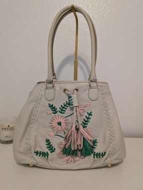 Isabella Fiore Ivory Leather Floral Embelissged Large Shoulder Bag